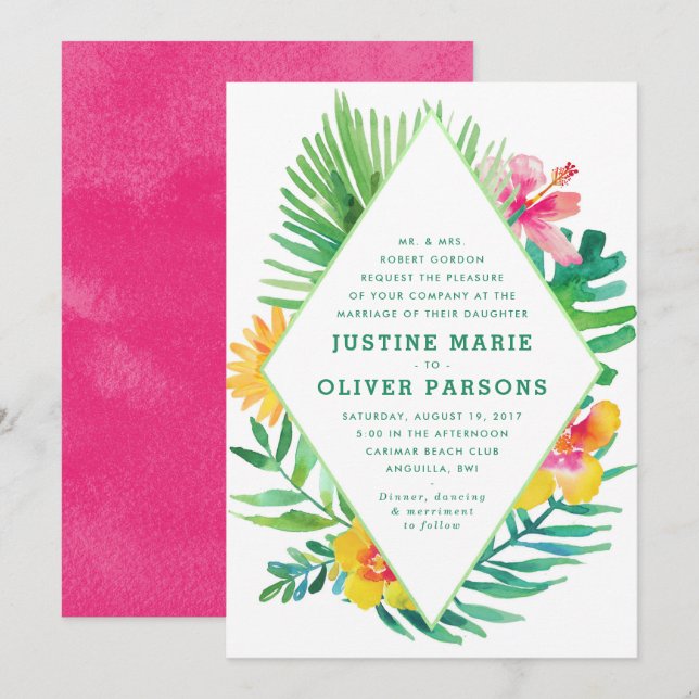 Tropical Watercolor Leaves Wedding Invitation (Front/Back)