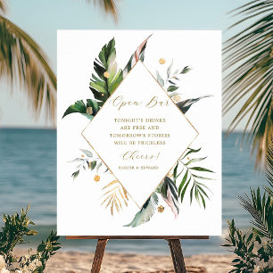 Tropical Watercolor Leaves Wedding Open Bar Sign