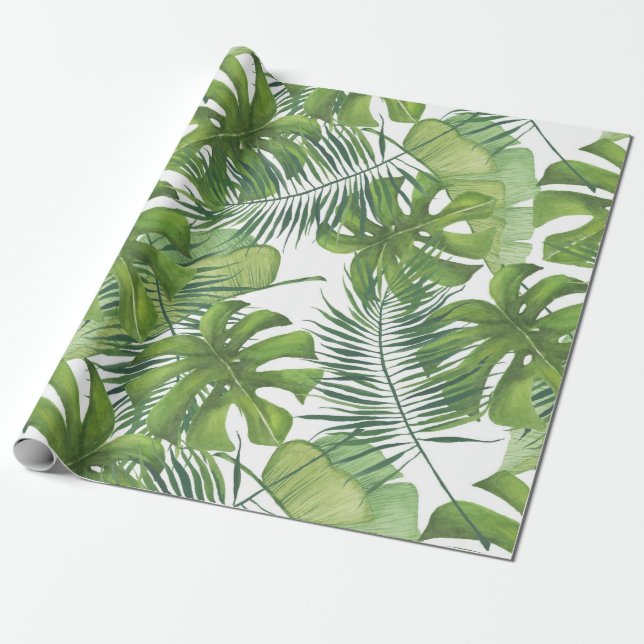 Tropical Watercolor Leaves Wrapping Paper (Unrolled)