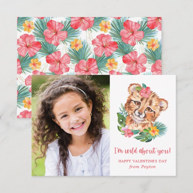 Tropical Watercolor Lion Kids Photo Valentine Card (Front/Back)