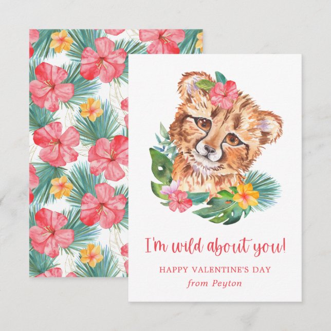 Tropical Watercolor Lion Wild About You Valentine Card (Front/Back)