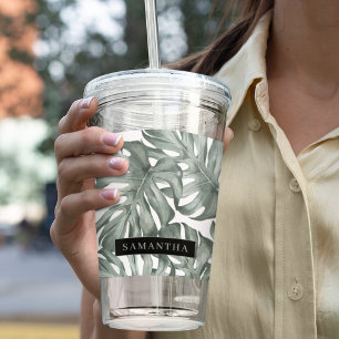 Tropical Watercolor Modern Oasis Leaves Pattern Acrylic Tumbler