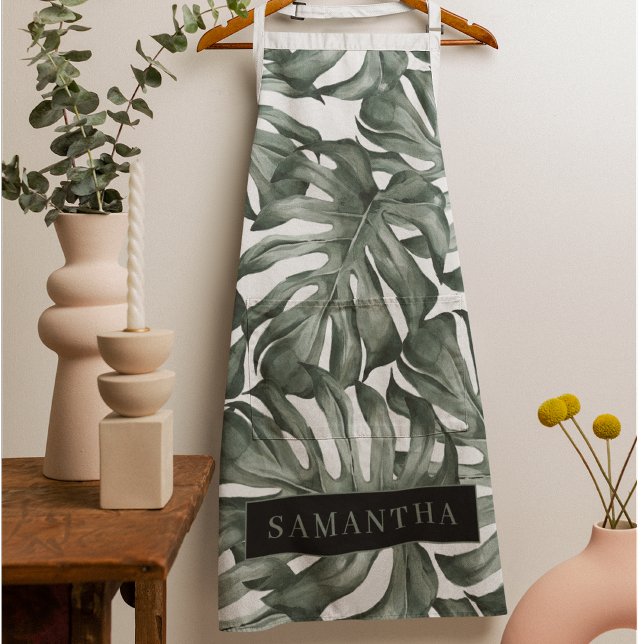 Tropical Watercolor Modern Oasis Leaves Pattern Apron (Creator Uploaded)