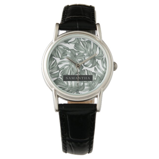 Tropical Watercolor Modern Oasis Leaves Pattern Watch (Front)
