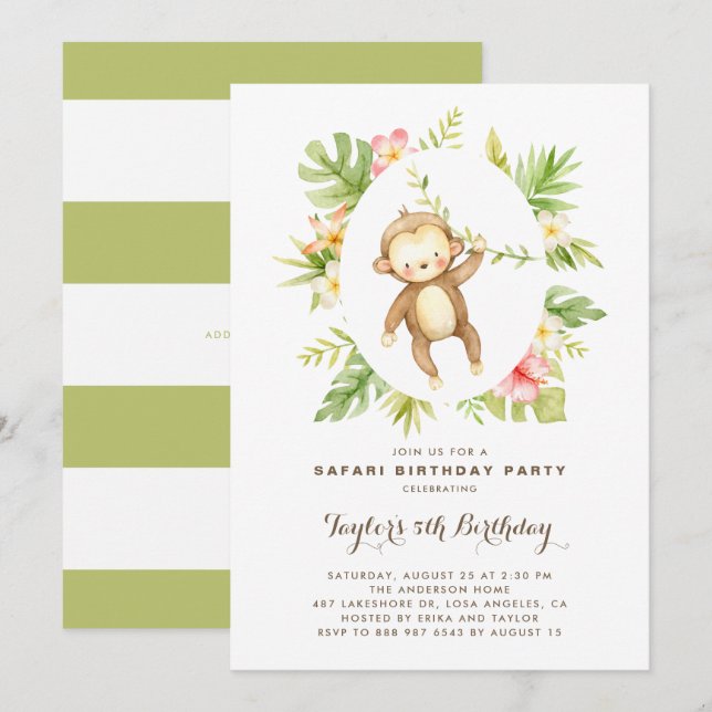 Tropical Watercolor Monkey Safari Kids Birthday Invitation (Front/Back)