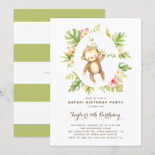 Tropical Watercolor Monkey Safari Kids Birthday Invitation
