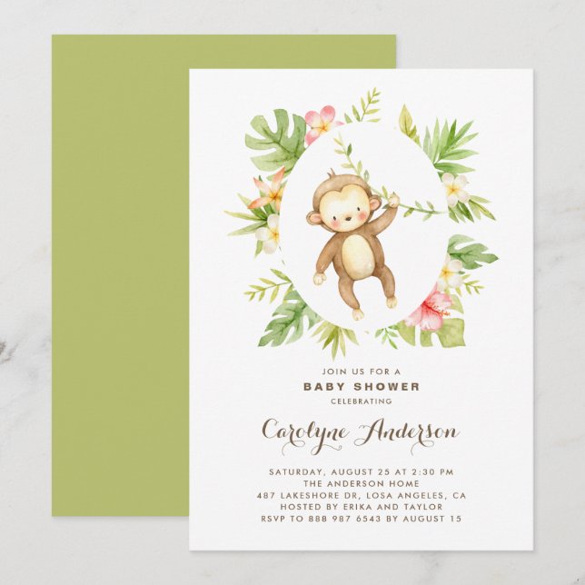 Tropical Watercolor Monkey Summer Baby Shower Invitation (Front/Back)