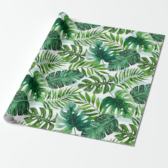 Tropical Watercolor Monstera and Palm Leaves Wrapping Paper (Unrolled)