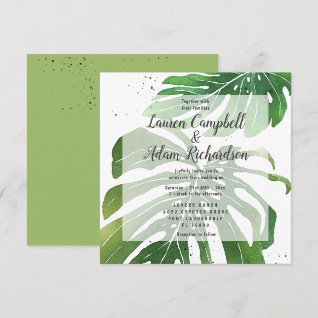 Tropical Watercolor Monstera Foliage Wedding Invitation (Front/Back)