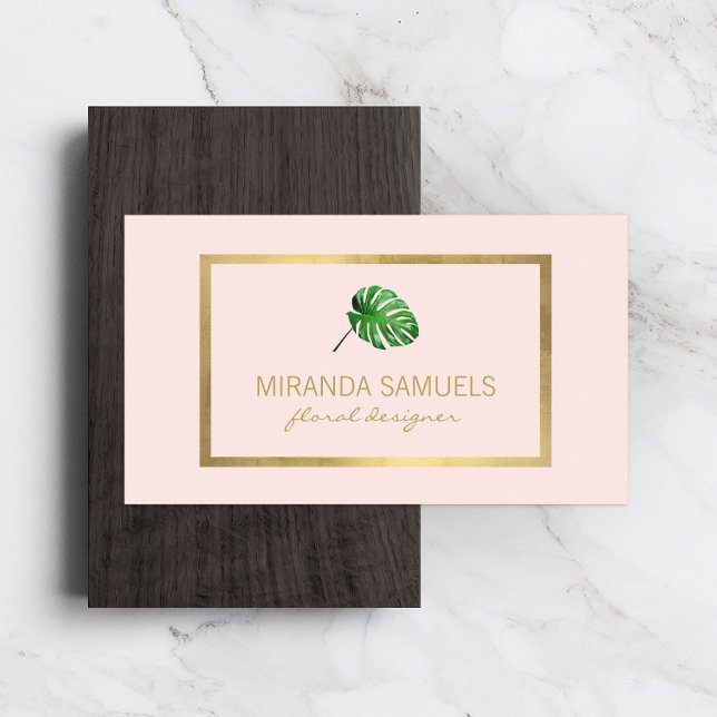 Tropical Watercolor Monstera Leaf Logo on Pink Business Card (Creator Uploaded)