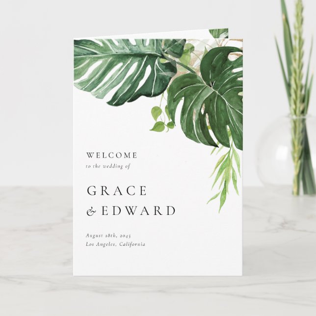 Tropical Watercolor Monstera Leaf Summer Wedding Programme (Front)