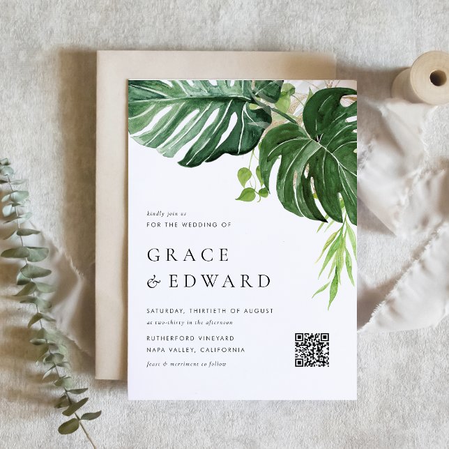 Tropical Watercolor Monstera QR Code Wedding Magnetic Invitation (A tropical-themed magnetic wedding invitation featuring watercolor greenery and faux gold accents. )