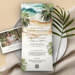 Tropical Watercolor Palm Beach QR Code Wedding Tri-Fold Invitation