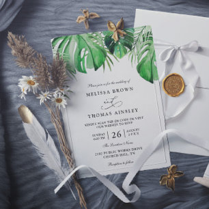 Tropical Watercolor Palm Leaf Chic QR Code Wedding Invitation