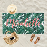 Tropical Watercolor Palm Leaves Custom Coral Name Beach Towel<br><div class="desc">Stylish personalised tropical beach towel design features your first name in girly and modern coral / salmon pink script writing with a trendy background pattern of rich jungle green palm and monstera leaves with a watercolor painted look. The fresh white background colour can be modified via Personalise / Customise Further....</div>