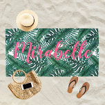 Tropical Watercolor Palm Leaves Custom Pink Name Beach Towel<br><div class="desc">Stylish personalised tropical beach towel design features your first name in girly and modern bright pink script writing with a trendy background pattern of rich jungle green palm and monstera leaves with a watercolor painted look. The fresh white background colour can be modified via Personalise / Customise Further. Perfect for...</div>