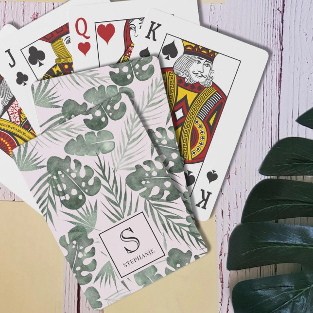 Tropical Watercolor Palm Leaves Pattern Monogram Playing Cards (Creator Uploaded)