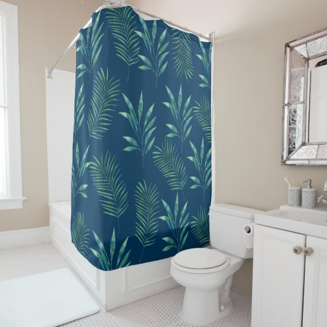 Tropical Watercolor Palm Leaves  Shower Curtain (In Situ)
