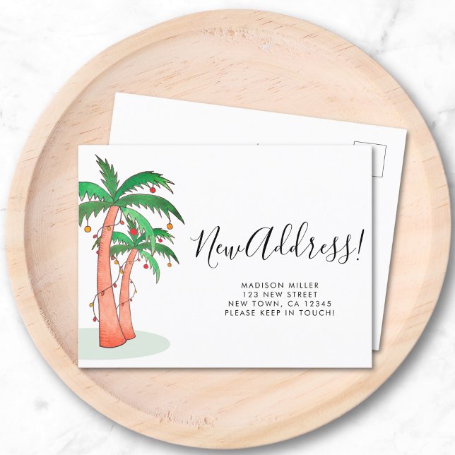 Tropical Watercolor Palm Tree Moving  Announcement Postcard (Creator Uploaded)