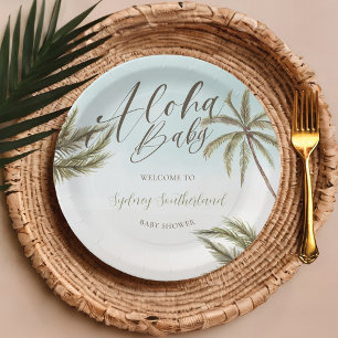 Tropical Watercolor Palm Trees Baby Shower Welcome Paper Plate
