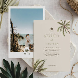 Tropical Watercolor Palm Trees Boho Wedding Photo Invitation