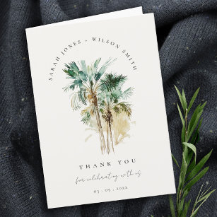 Tropical Watercolor Palm Trees Photo Wedding Thank You Card