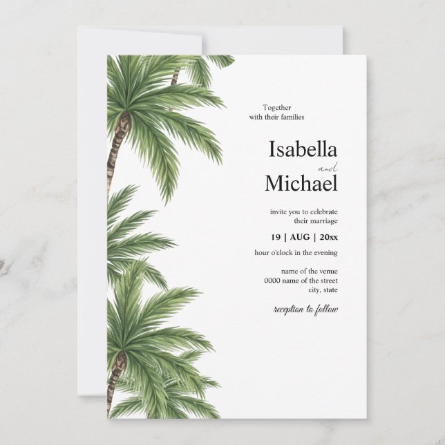 Tropical Watercolor Palm Trees Wedding Invitation  (Front)