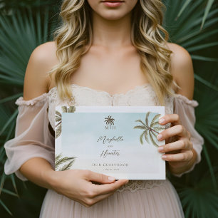 Tropical Watercolor Palm Trees Wedding Monogram Guest Book