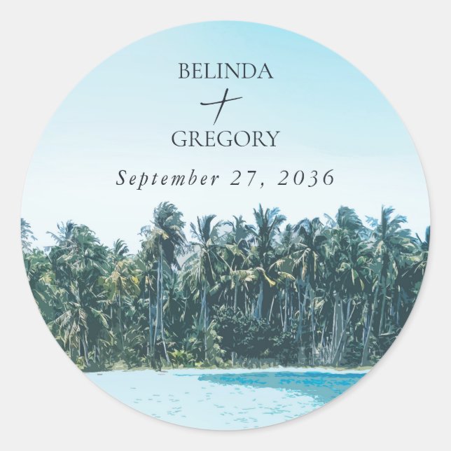 Tropical Watercolor Palms & Beach Wedding Classic Round Sticker (Front)
