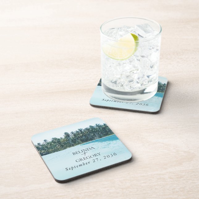 Tropical Watercolor Palms & Beach Wedding Coaster (Right Side)