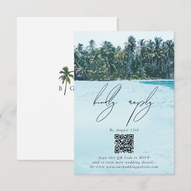 Tropical Watercolor Palms & Beach Wedding Enclosure Card (Front/Back)