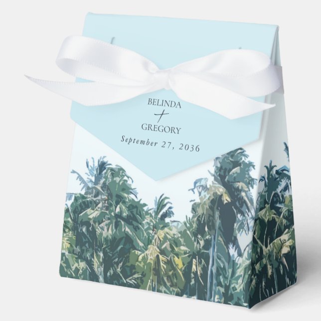 Tropical Watercolor Palms & Beach Wedding Favour Box (Front)