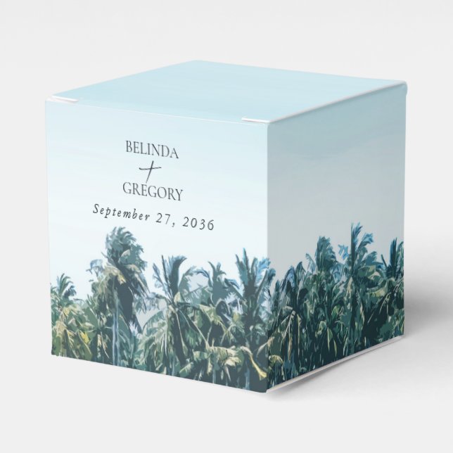 Tropical Watercolor Palms & Beach Wedding Favour Box (Front Side)
