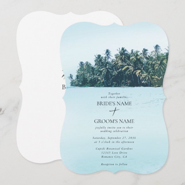 Tropical Watercolor Palms & Beach Wedding Invitation (Front/Back)