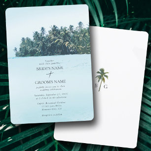 Tropical Watercolor Palms & Beach Wedding Invitation