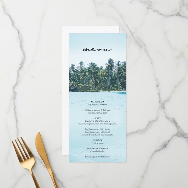 Tropical Watercolor Palms & Beach Wedding Menu (Front/Back In Situ)