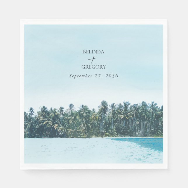 Tropical Watercolor Palms & Beach Wedding Napkin (Front)