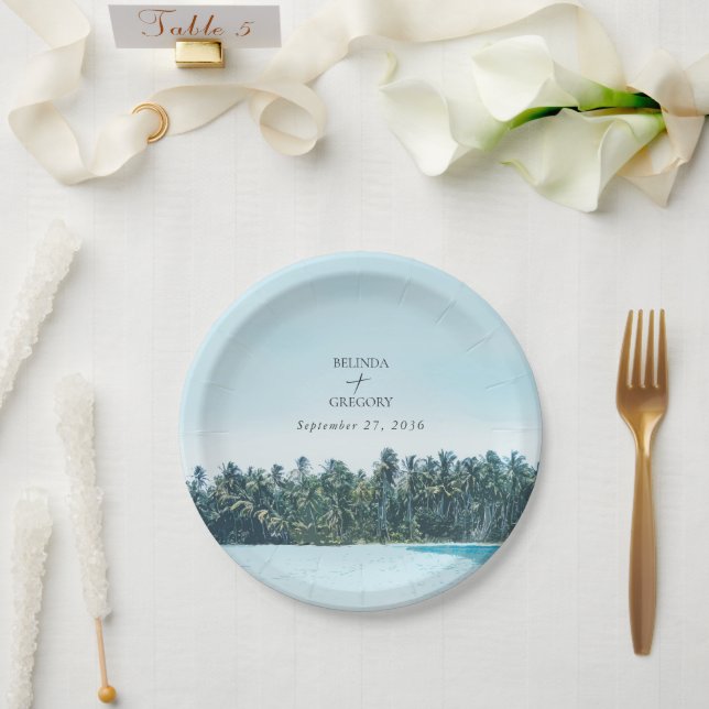 Tropical Watercolor Palms & Beach Wedding Paper Plate (Wedding)