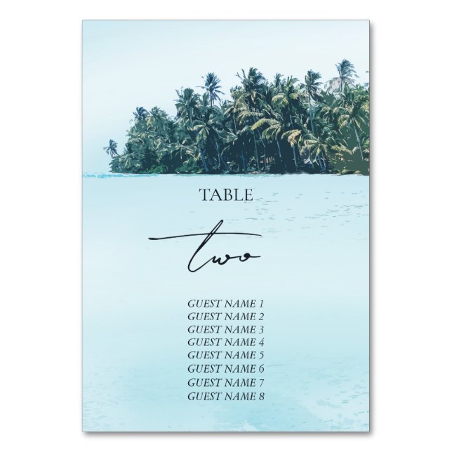 Tropical Watercolor Palms & Beach Wedding Table Number (Front)