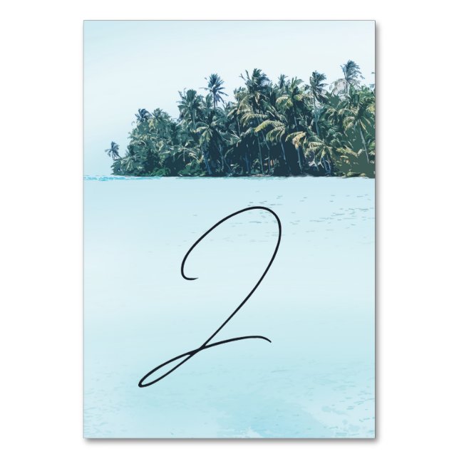 Tropical Watercolor Palms & Beach Wedding Table Number (Front)