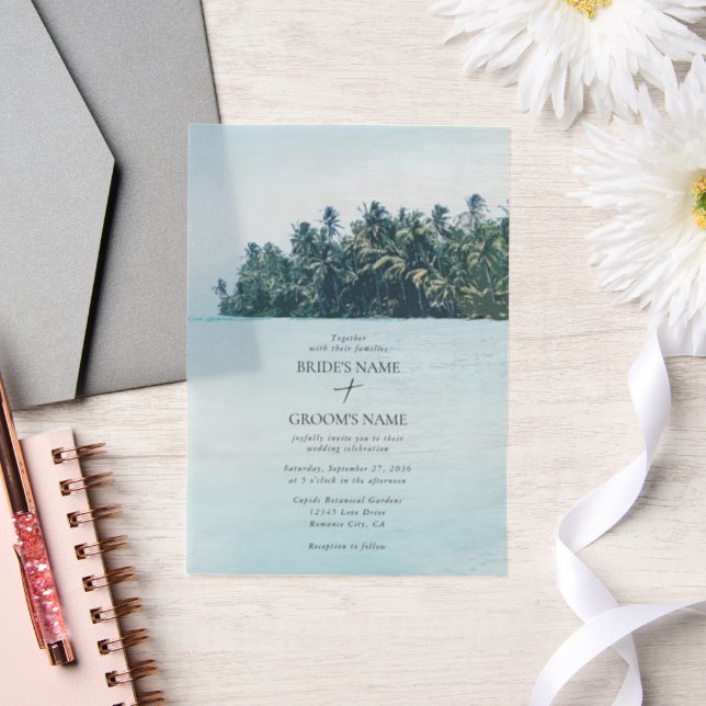 Tropical Watercolor Palms & Beach Wedding Vellum Invitations (Wedding)