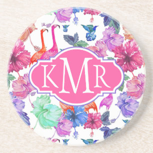 Tropical Watercolor Pattern Monogram Coaster