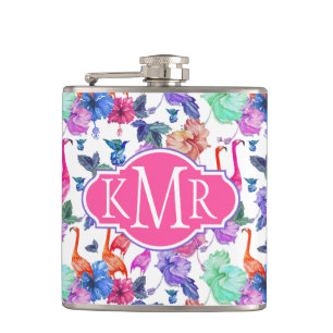 Tropical Watercolor Pattern Monogram Hip Flask