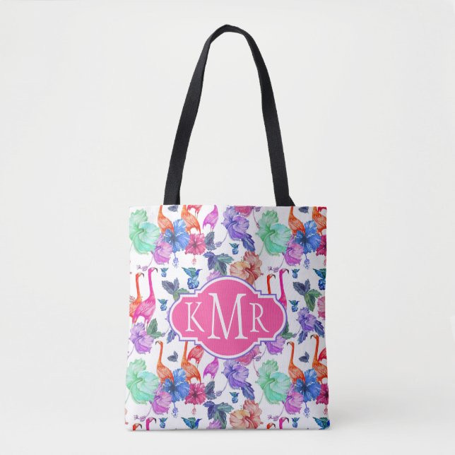 Tropical Watercolor Pattern | Monogram Tote Bag (Front)