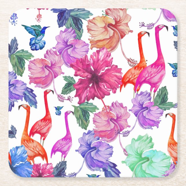 Tropical Watercolor Pattern Square Paper Coaster (Front)