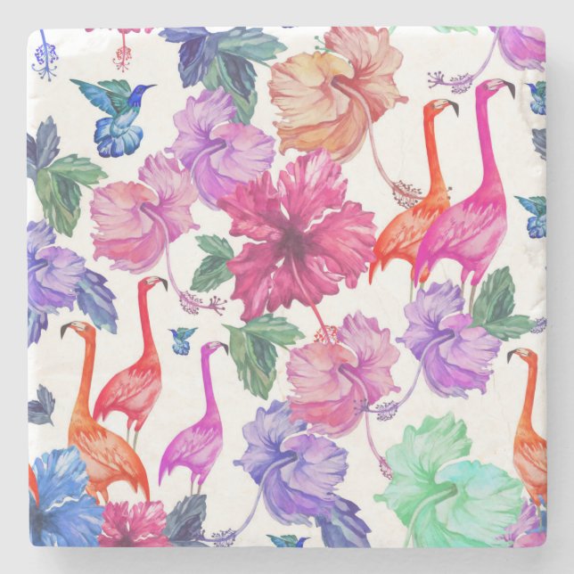 Tropical Watercolor Pattern Stone Coaster (Front)