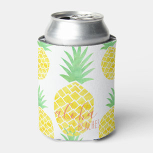 Tropical Watercolor Pineapple Aloha Beaches Can Cooler