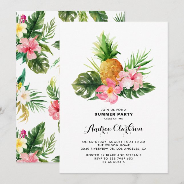 Tropical Watercolor Pineapple Floral Summer Party Invitation (Front/Back)