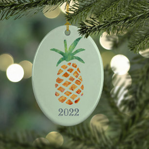 Tropical Watercolor Pineapple Green Keepsake Year Ceramic Tree Decoration