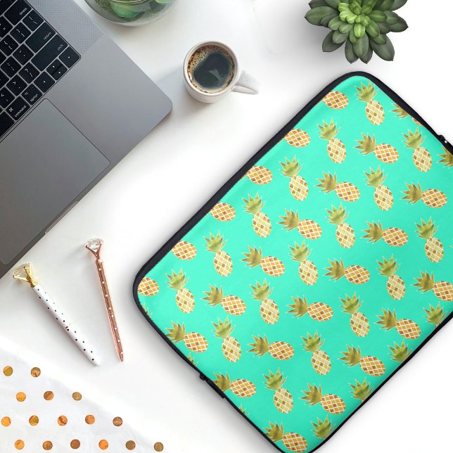 Tropical Watercolor Pineapple Pattern Laptop Sleeve (Pineapple Pattern Laptop Sleeve (with custom background colour))
